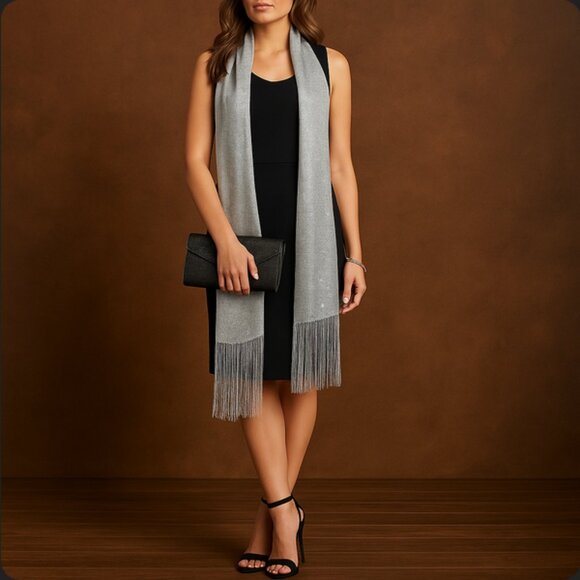 ✨ Kimberly C. Silver Metallic Fringe Scarf/Shawl - Picture 2 of 14